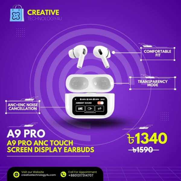 A9 Pro ANC Earbuds Touch Screen Display (White) - Image 2