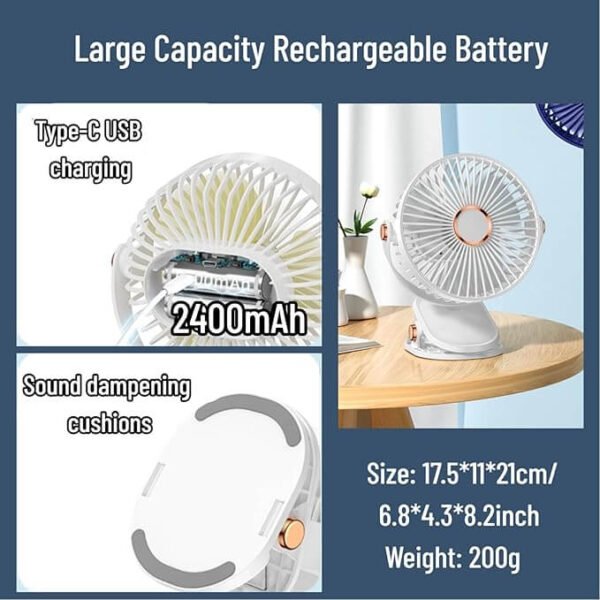 Mini PowerFan ZL696 – USB Rechargeable | Clip, Rotate & Light - Image 3