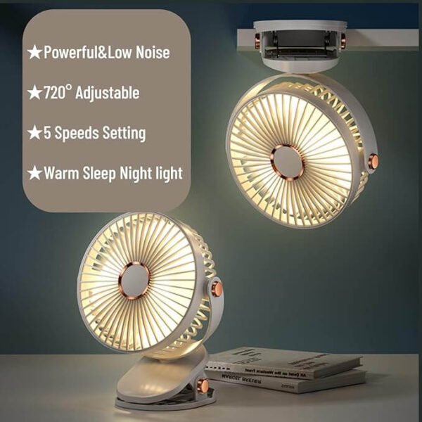 Mini PowerFan ZL696 – USB Rechargeable | Clip, Rotate & Light - Image 4